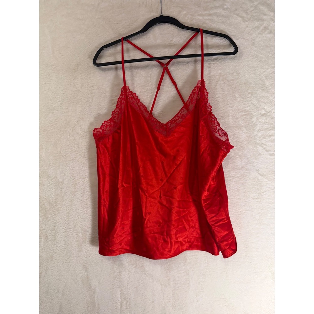 Joyspun Red Satin Heart Camisole Womens 2X Lace Trim Sleep Top Adjustable Straps